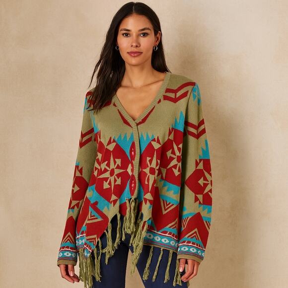 Tasha Polizzi Southwestern Poncho Fringe Sweater - Picture 1 of 7